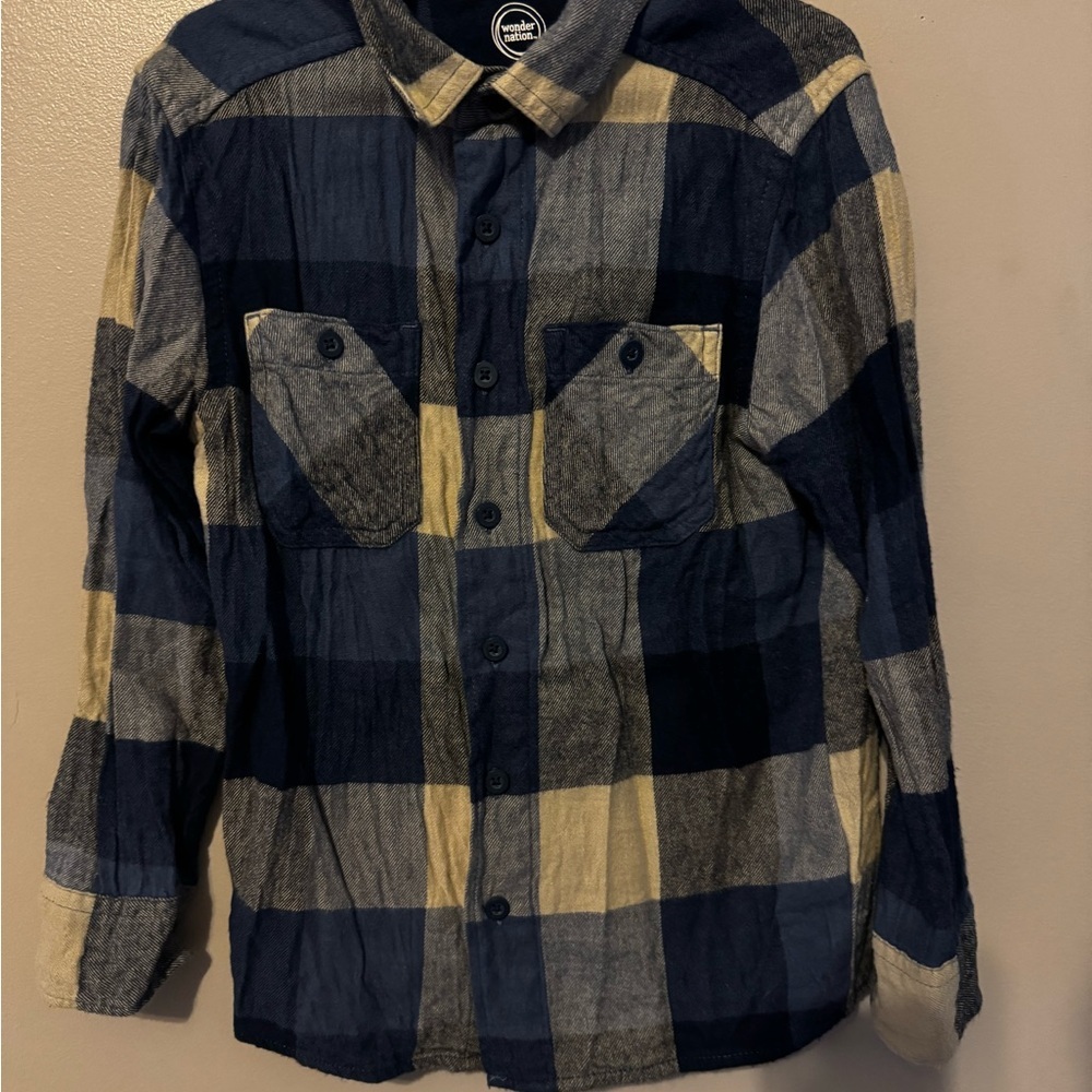 Wonder Nation Navy and Beige Plaid Shirt